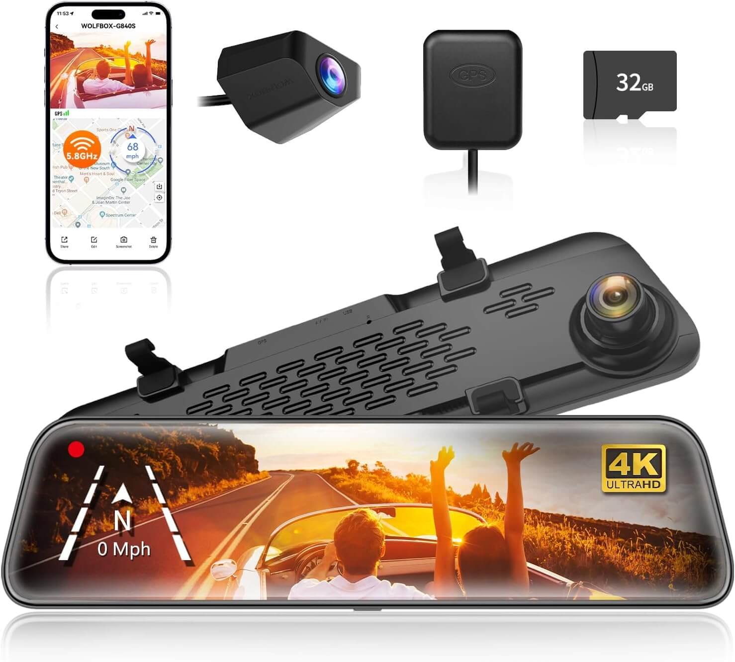 WOLFBOX G840S 12" 4K Mirror Dash Cam Backup Camera