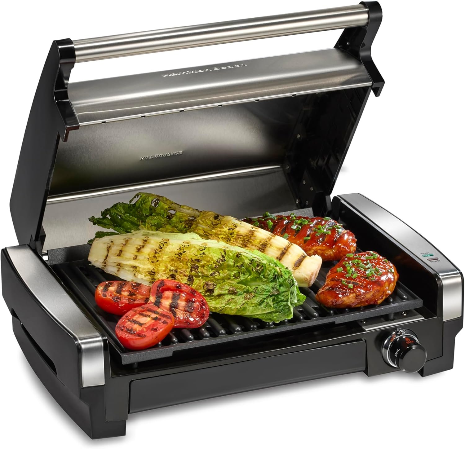Hamilton Beach Electric Indoor Searing Grill with Adjustable Temperature Control to 450F, 118 sq. in. Surface Serves 6, PFAS-Free Removable Nonstick Grate, Stainless Steel